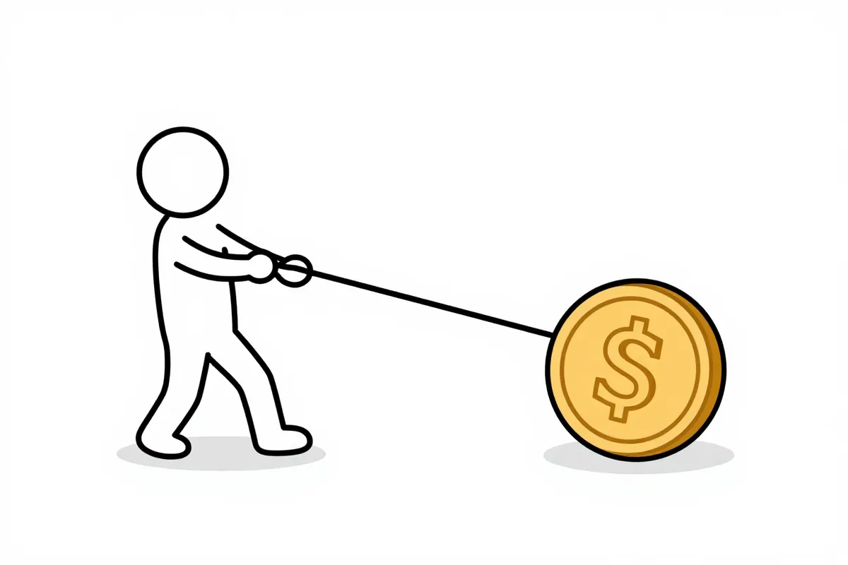 a stick figure pulling a rope tied to a giant coin