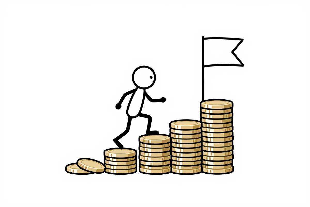 a stick figure climbing a staircase made of coins toward a flag