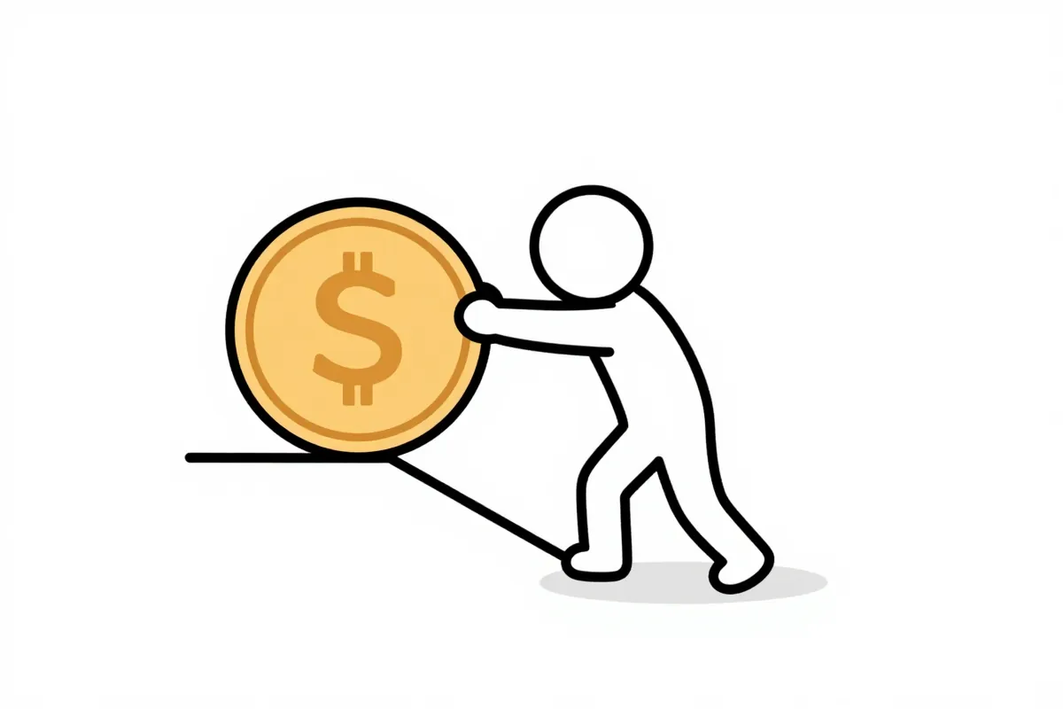 a stick figure pushing a large coin uphill