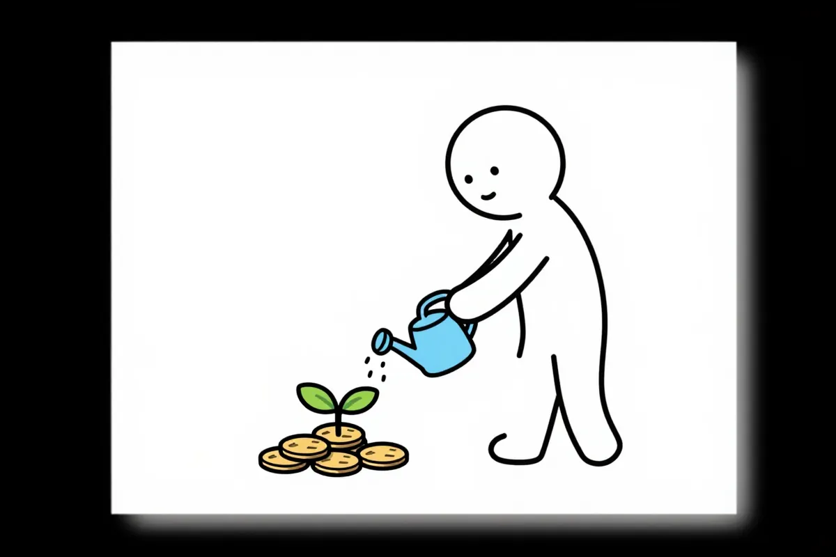 a stick figure watering a small plant growing from coins