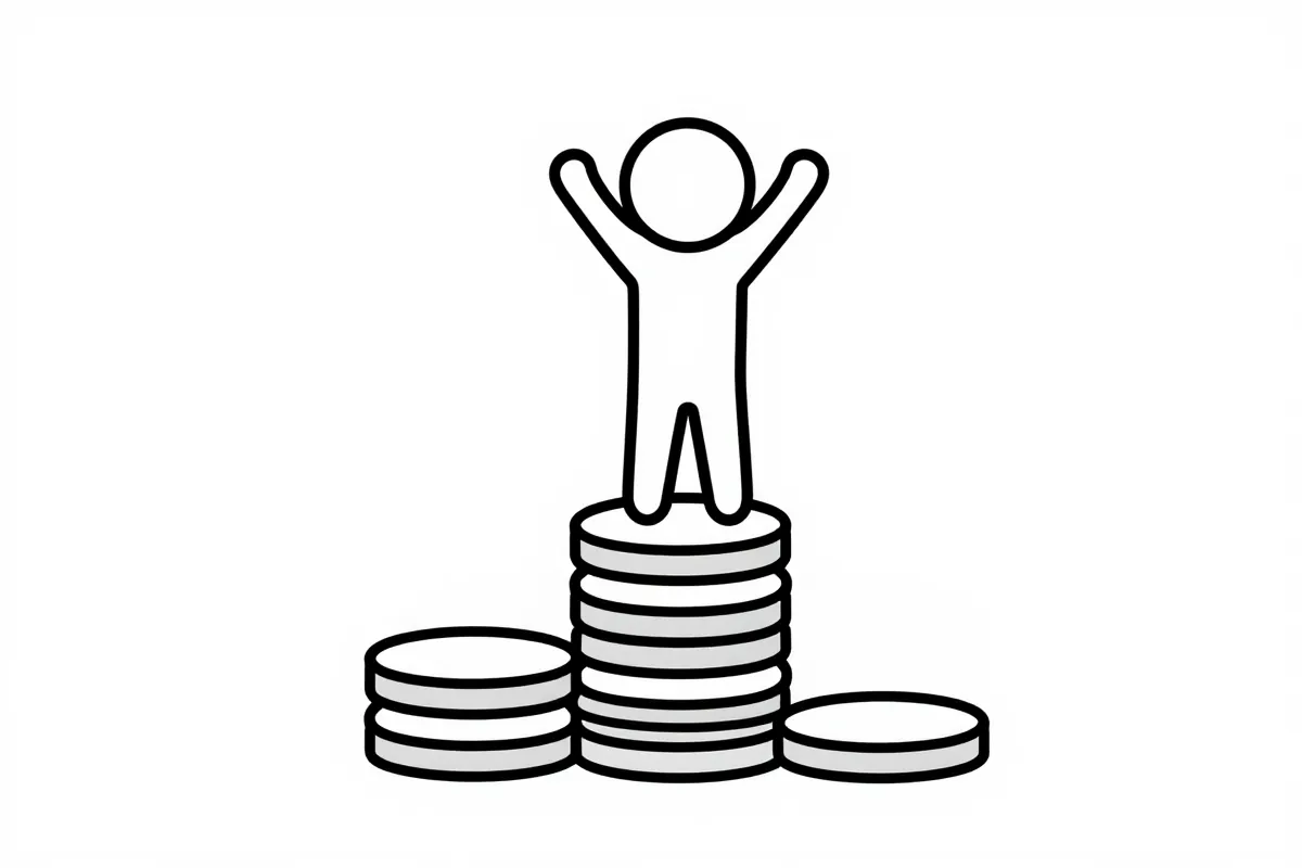a stick figure standing on a tall stack of coins raising both arms in victory