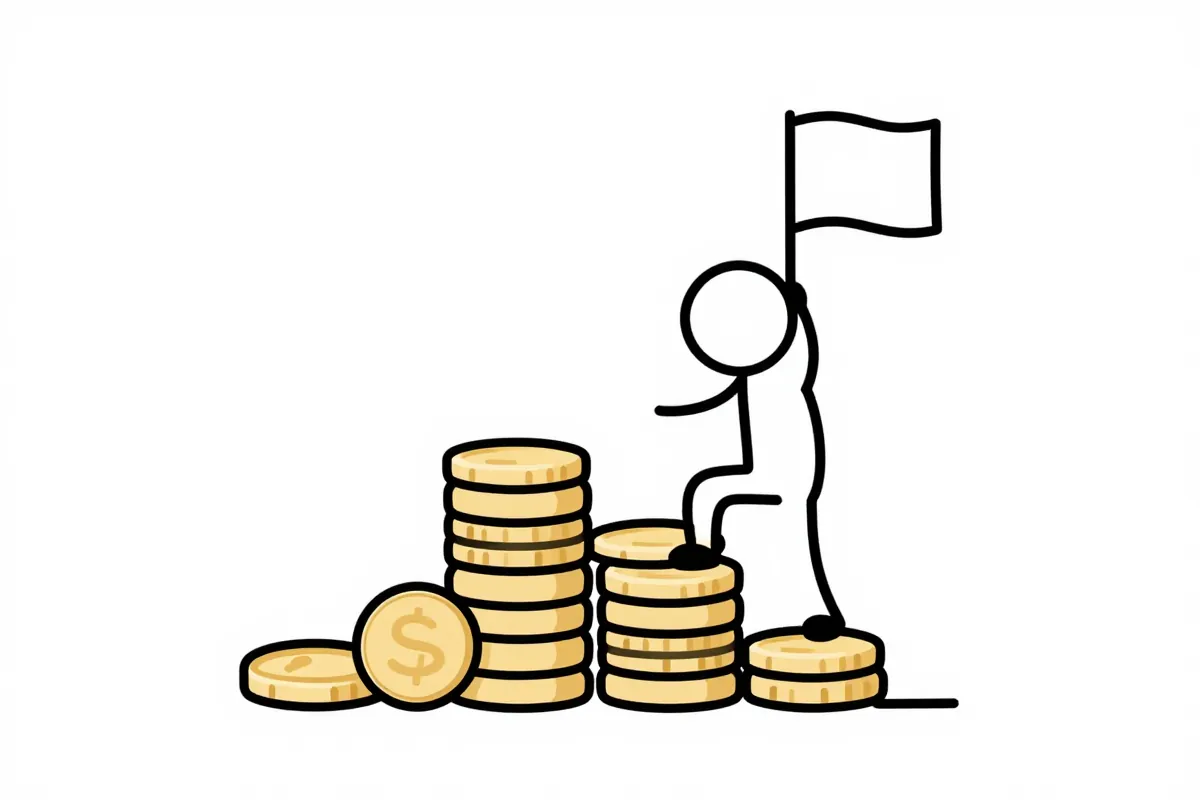 a stick figure climbing a staircase made of coins toward a flag